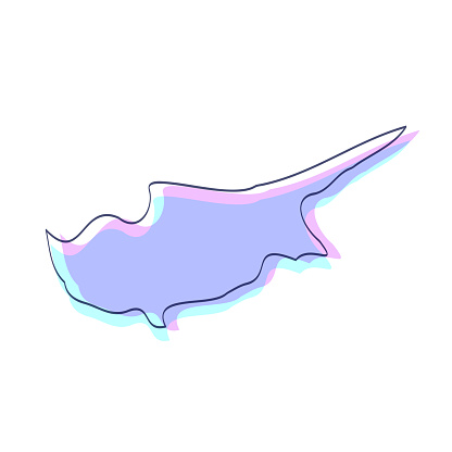 Map of Cyprus sketched and isolated on a white background. The map is purple with a black outline. Pink and blue are overlapped to create a modern visual effect, looking like anaglyph image. The combination of pink and blue in this illustration creates a predominantly purple map. Vector Illustration (EPS file, well layered and grouped). Easy to edit, manipulate, resize or colorize. Vector and Jpeg file of different sizes.