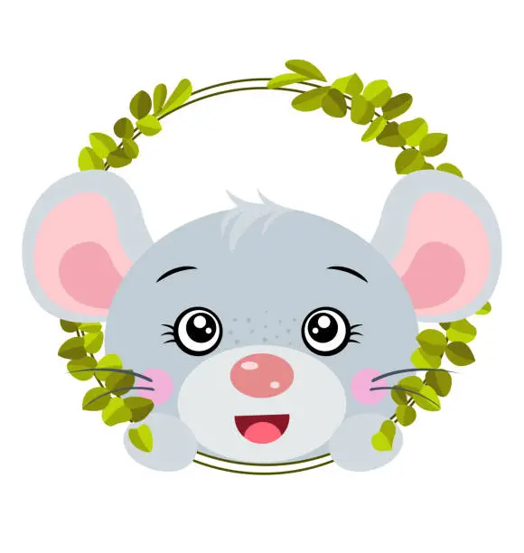 Vector illustration of Friendly mouse peeking out of round leaves frame