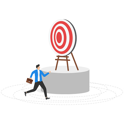 Businessman running around the target. Modern vector illustration in flat style