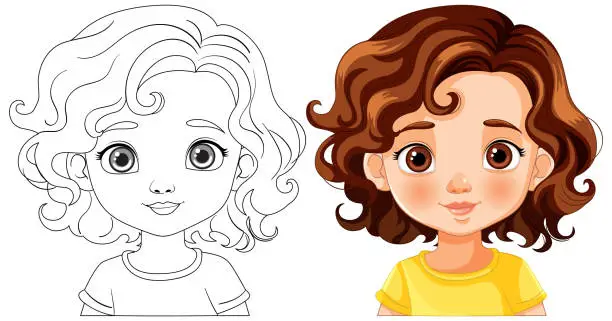Vector illustration of Black and white and colored vector illustrations of a girl
