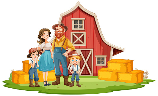 Vector illustration of a family on a farm
