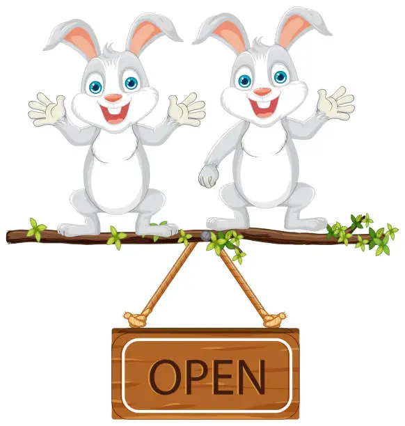 Vector illustration of Two cartoon rabbits holding an 'Open' sign.