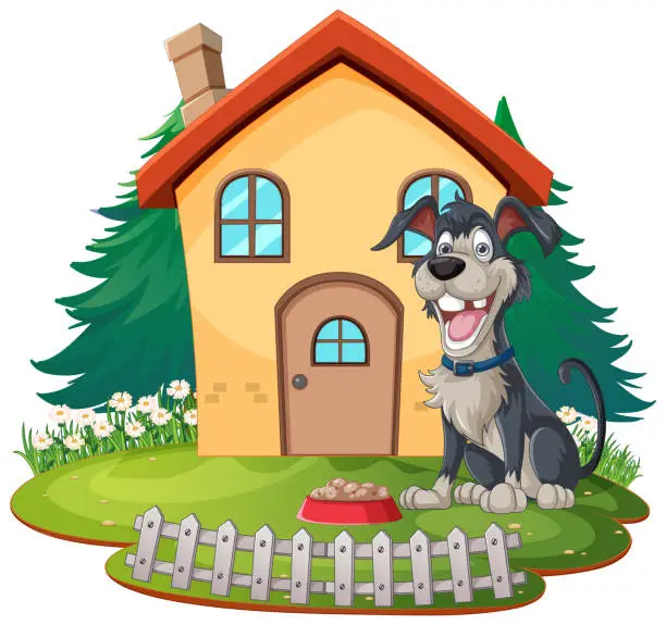 Vector illustration of Cheerful dog sitting by its home with food.