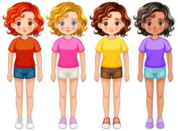 Vector illustration of Four cartoon girls with different hairstyles and clothes