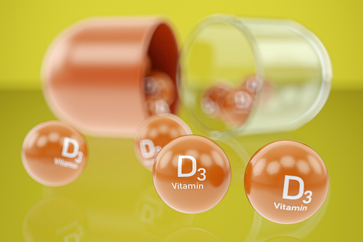 Vitamin D Capsule with D3 Element. Dietary Supplements. 3D Render