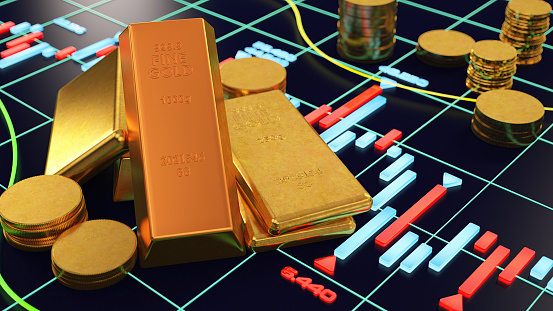 Gold Ingots and Coins with a Market Bar Chart. 3D Render