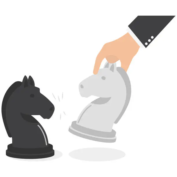 Vector illustration of Strategist holding in hand chess figure white horse. Business strategy. Modern vector illustration in flat style