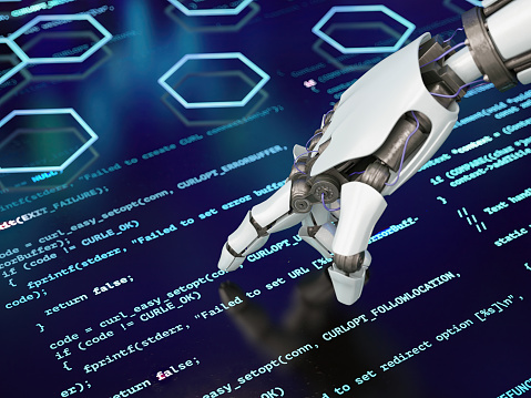 AI Artificial Intelligence Robot's Hand Showing Computer Code. 3D Render