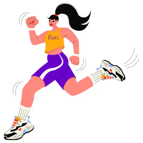 Vector illustration of Fitness active woman retro cartoon character in sportswear running trying to be first. Vector flat illustration isolated on transparent background. Groovy style. Active lifestyle and running concept.