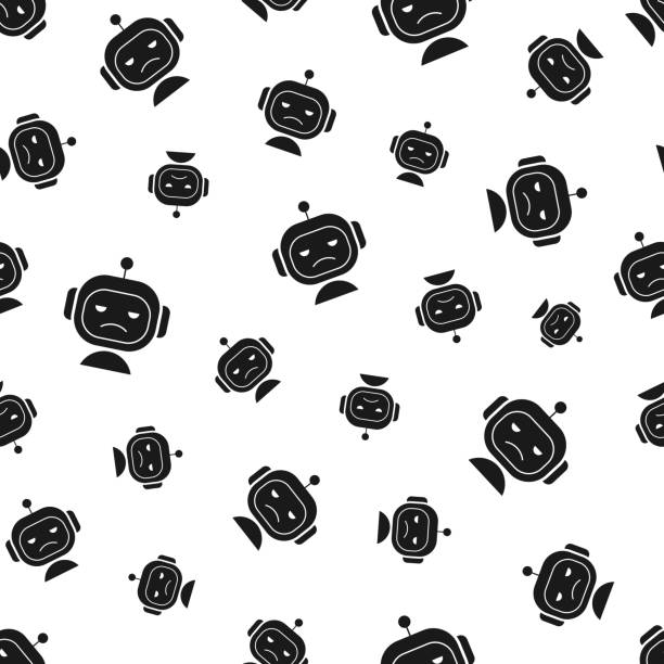 Sad bot - robot face. Seamless pattern. Icons on white background Seamless pattern with a icon of "Sad bot - robot face". Black icon isolated on a blank background. Vector Illustration (EPS file, well layered and grouped). Easy to edit, manipulate, resize or colorize. Vector and Jpeg file of different sizes. background of the sad face black and white stock illustrations