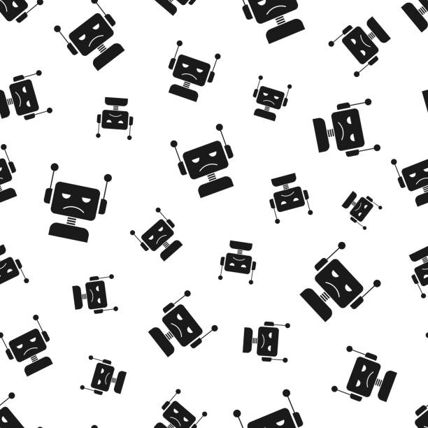 Sad bot - robot head. Seamless pattern. Icons on white background Seamless pattern with a icon of "Sad bot - robot head". Black icon isolated on a blank background. Vector Illustration (EPS file, well layered and grouped). Easy to edit, manipulate, resize or colorize. Vector and Jpeg file of different sizes. background of the sad face black and white stock illustrations