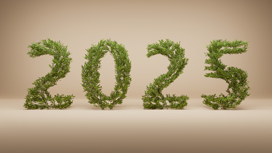 2025 year as global warming and green energy concept. Plants in the shapes of numbers on warm yellow background wall as 3D render.