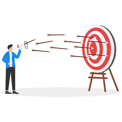 Communicate or advertise to target audience, marketing campaign or promotion to hit business goal or target customer concept, businessman marketer talk on megaphone with archer hit target bullseye.