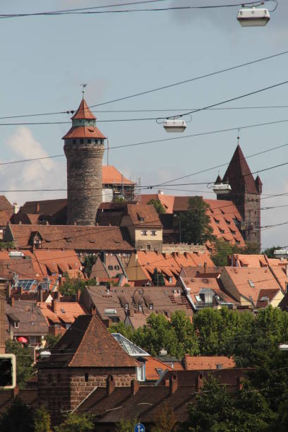 A small town with power lines in Nuremberg, Germany