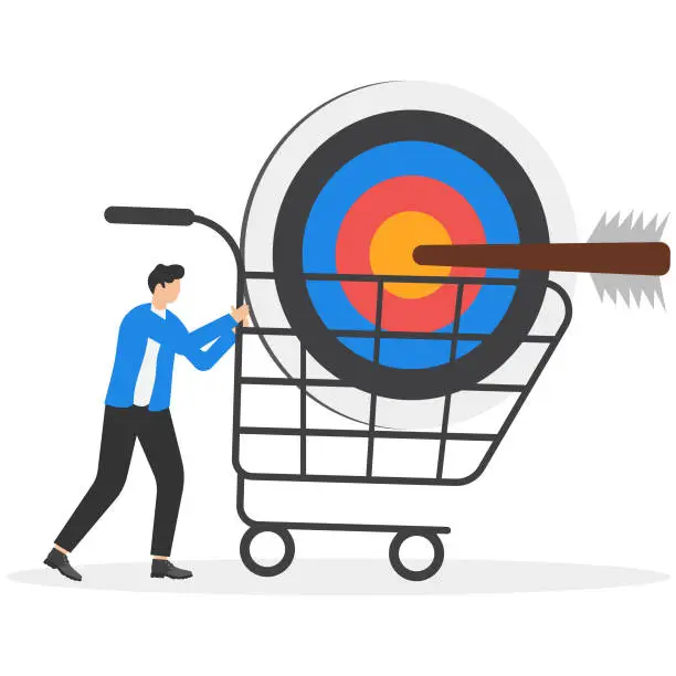 Vector illustration of Marketing and pricing strategy to sell product, sale and discount, advertising target or market analysis concept, businessman marketer holding big arrow target with price tag in shopping cart.