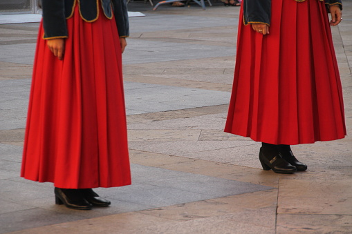Two guards stand on a street during the daytime, surrounded by a small group of people