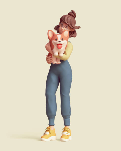 istock 3d render smiling girl holds fluffy playful corgi dog. 2132138133