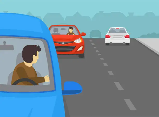 Vector illustration of Safe driving tips and traffic rules. Close-up of a male driver looks back and checks if there is approaching vehicle before opening car front door. Vector illustration template.