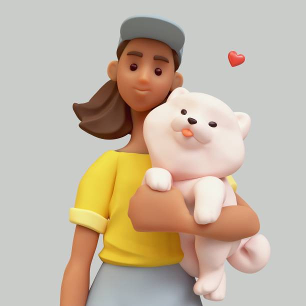 istock 3d render smiling black girl holds fluffy white playful puppy. 2132144812