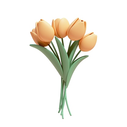 Minimal stylized simple cute beautiful trendy bouquet of spring yellow tulips. International Women's Valentine's Day. Gift of flowers. Concept online flower delivery. 3d render isolated white backdrop