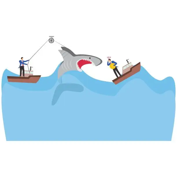 Vector illustration of Adventure, seeking opportunities in crisis and risk, financial risk, gambling or investment risk, businessman or investor pulling the fins of sharks in the ocean