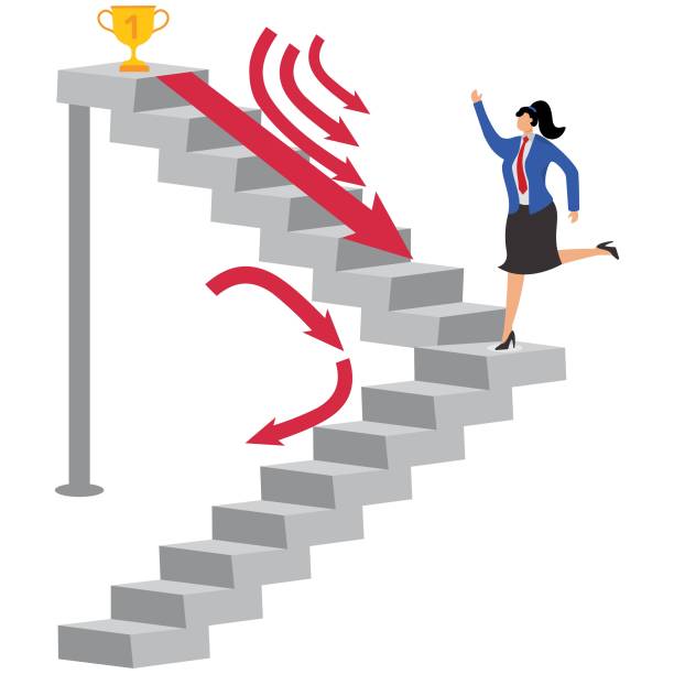 full of courage and conviction, conquer adversity, challenge to overcome difficulties, obstacles or business problems, isometric businessman against falling arrows climbing up the stairs - despair effort persistence failure stock illustrations