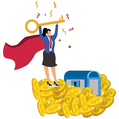 Keys to business success, successful investment and financial products, wealth solutions, isometric businesswoman investor cloaked in cape holding up a huge golden key standing on a pile of gold coins