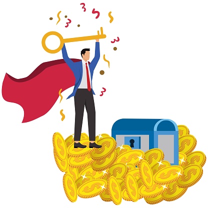 Keys to business success, successful investment and financial products, wealth solutions, isometric businessman investor cloaked in cape holding up a huge golden key standing on a pile of gold coins
