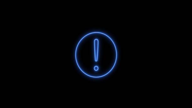 Glowing neon warning circle icon on black background. Neon exclamation mark. Icon set, sign, symbol, 3d illustration. Neon light text icon.