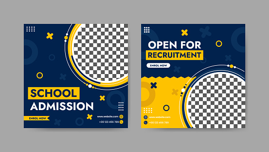 Collection of trendy school admissions, professional social media post templates. Square banner design background.