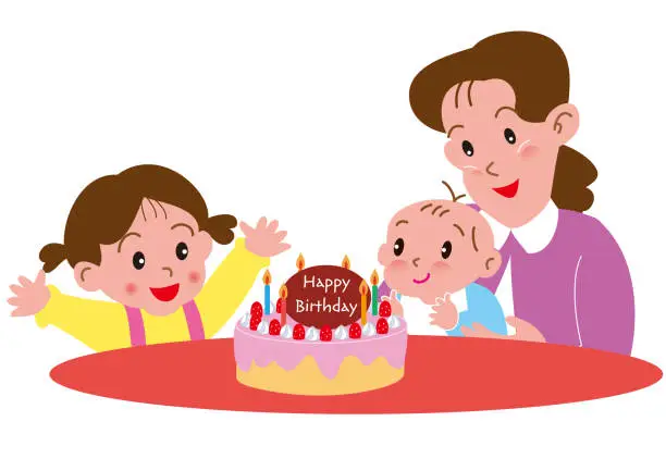 Vector illustration of Daughter and mother celebrating baby's birthday with birthday cake.