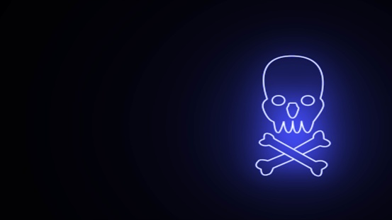 Neon skull symbol skull and crossbones icon isolated on blue color. Neon skull and crossbones icon on black background. Fear skull and crossbones.