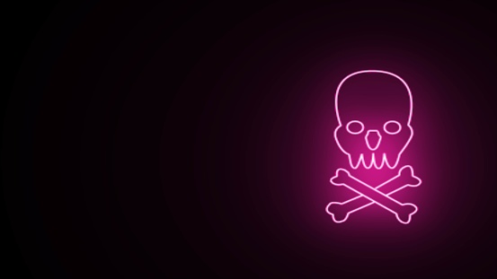 Neon skull and crossbones icon on black background. Pirate flag skull and crossbones and bones icon. Fear skull and crossbones. Neon skull symbol skull and crossbones icon isolated on pink.