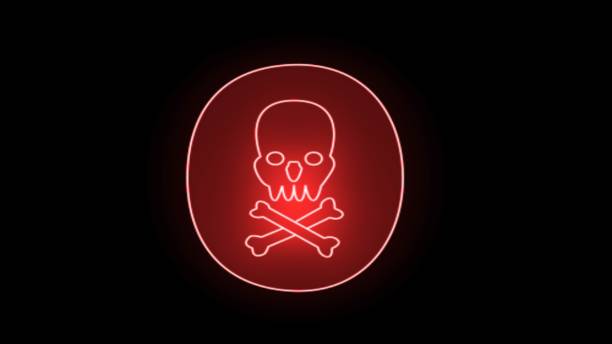 Skull and crossbones icon on black background. Terrified skull and crossed bones. red neon skull symbol Set of neon skull and crossbones icons isolated.