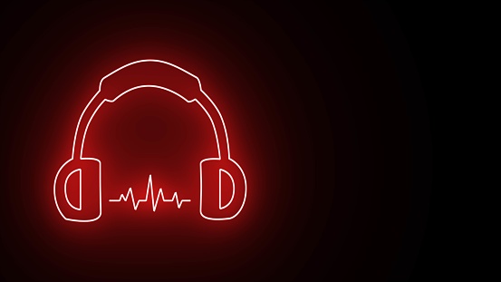 Neon headphone and text of music on black background. Colorful design for dj, Neon music wave icon. neon headphone icon, symbol, sign. red color neon headphone icon.