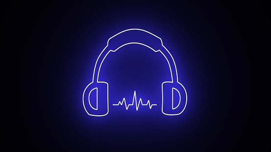 Blue neon headphones on a black background. Neon music wave icon. Glowing neon headphones with sound wave, Neon music wave icon.