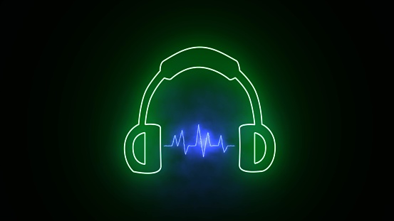 Neon headphone and text of music on black background. Colorful design for dj, Neon music wave icon. neon headphone icon, symbol, sign. green color neon headphone icon.