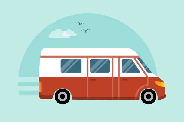 Vector illustration of Camper van, road trip, caravan lifestyle.