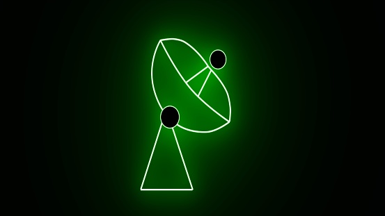 Neon satellite dish antenna icon. Glowing green neon Satellite dish symbol icon. Satellite, antenna, wireless, satellite dish, signal transmitter icons symbol on black background.