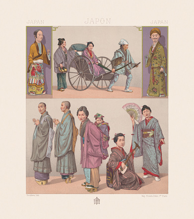 Japanese women and men in traditional clothing. Nostalgic scenes from the past. Chromolithograph from the book 