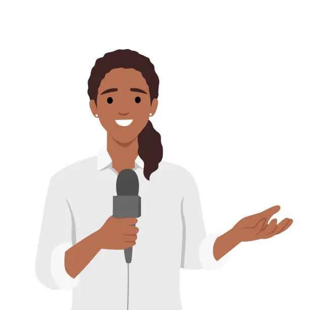 Vector illustration of Journalist black woman. Beautiful lady reporter holding microphone.