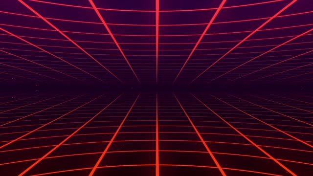 Geometric background of red abstract lines. Data stream. Movement effect. Checkered field. Reference 3D retro mesh. 4k animation