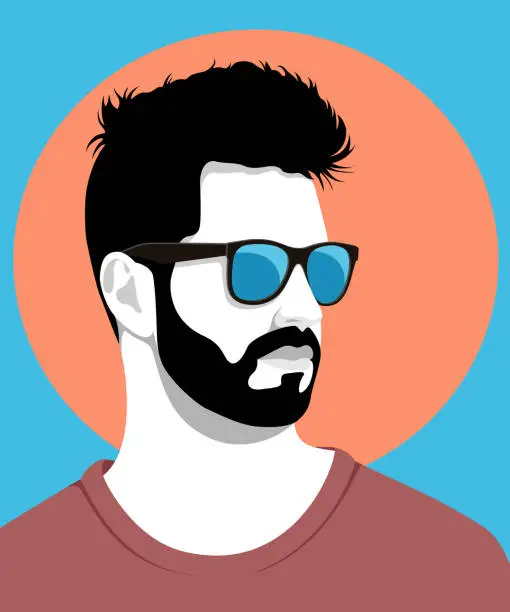 Vector illustration of Handsome bearded young man wearing sunglasses against blue sky