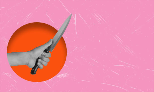 istock Art collage, the hand with a knife on pink background with copy space. 2132243396