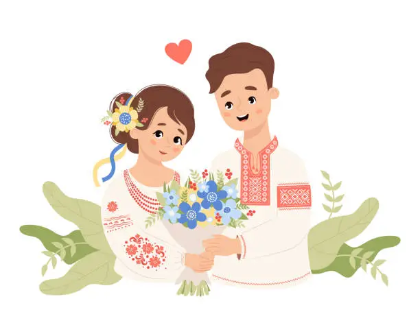 Vector illustration of Happy Ukrainian enamored couple. Cute man and woman in traditional embroidered clothes with bouquet flowers. Vector illustration in flat style for holiday design