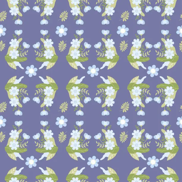 Vector illustration of Floral seamless pattern. Ornament of gently blue flowers and leaves on dark blue background. Vector illustration