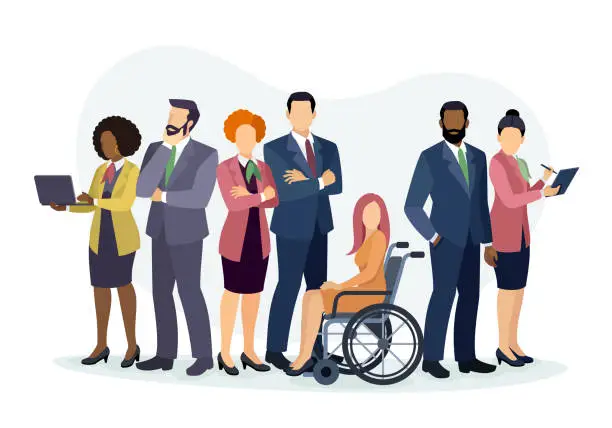 Vector illustration of Multi-ethnic Group of Business people. Company employees. Person with Disabilities.