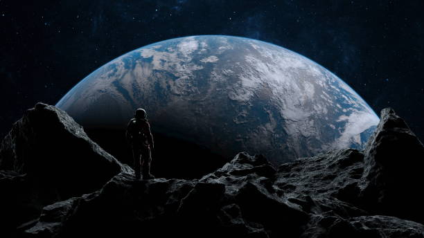 istock Astronaut overlooks Earth while standing on the moons surface amidst a starry night sky. 3d render 2132267720