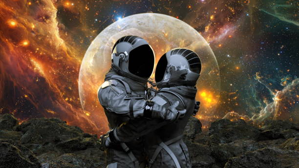 istock Two astronauts in spacesuits hug amidst cosmic setting with Moon and vibrant galaxies in the background. Love. 3d render 2132267734