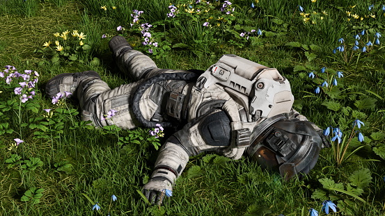 Space suited astronaut rests amidst wildflowers, suggesting a serene moment on an Earth like planet. 3d render
